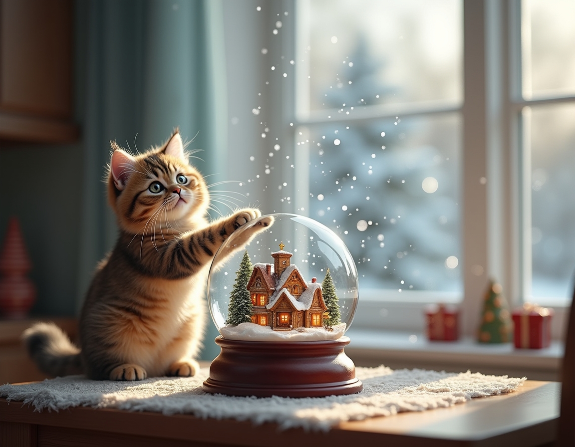 Playful cat bats at a snow globe on a table, mesmerized by the swirling snowflakes inside. The globe features a miniature Christmas village, while a snowy landscape is visible through the window in the background, enhancing the festive atmosphere.