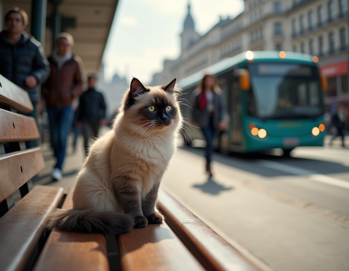 Cat observes the activity of a city bus stop, soaking in the energy of urban life.
