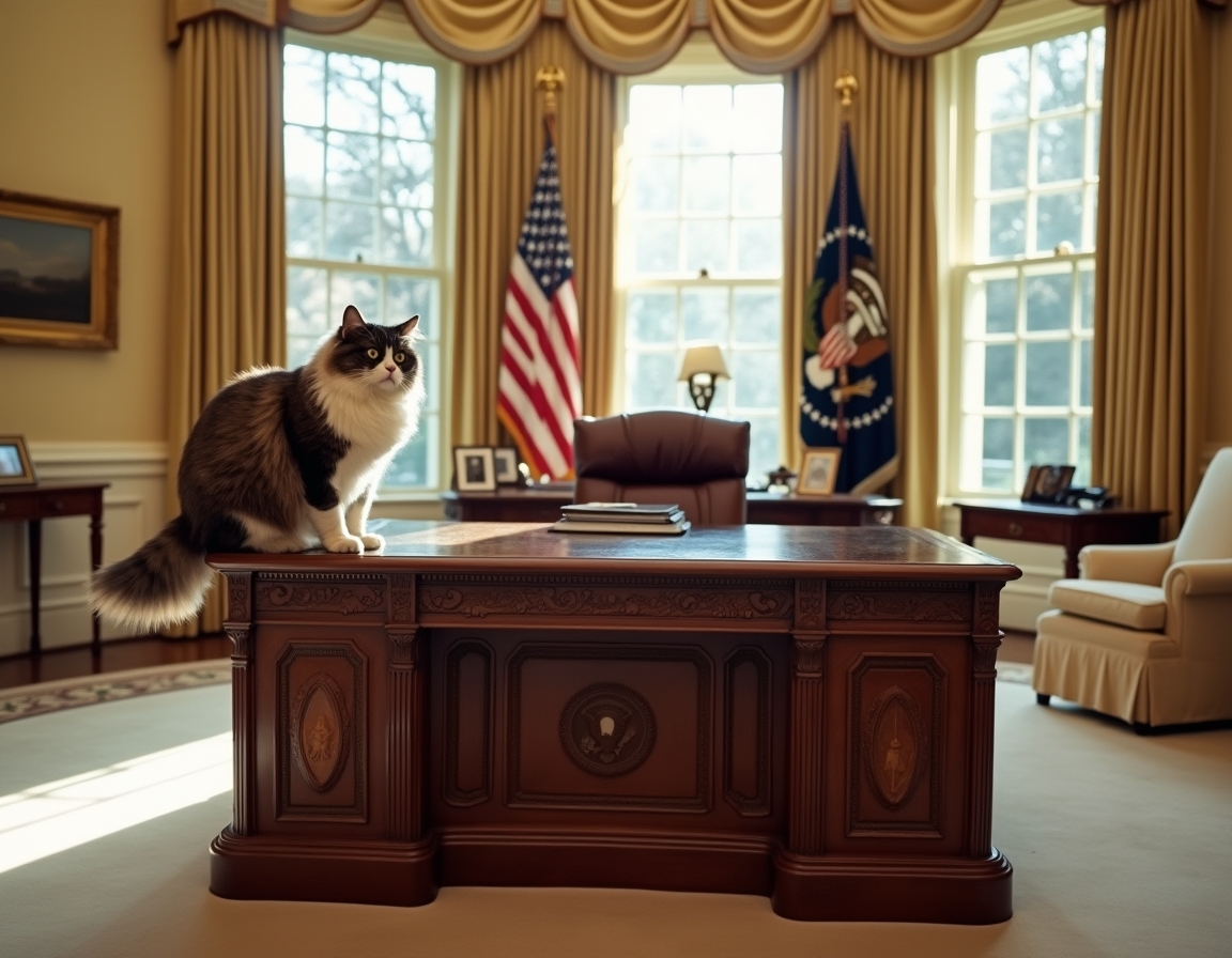 Cat perched on the Resolute Desk in the Oval Office, basking in the dignified atmosphere of the new administration.