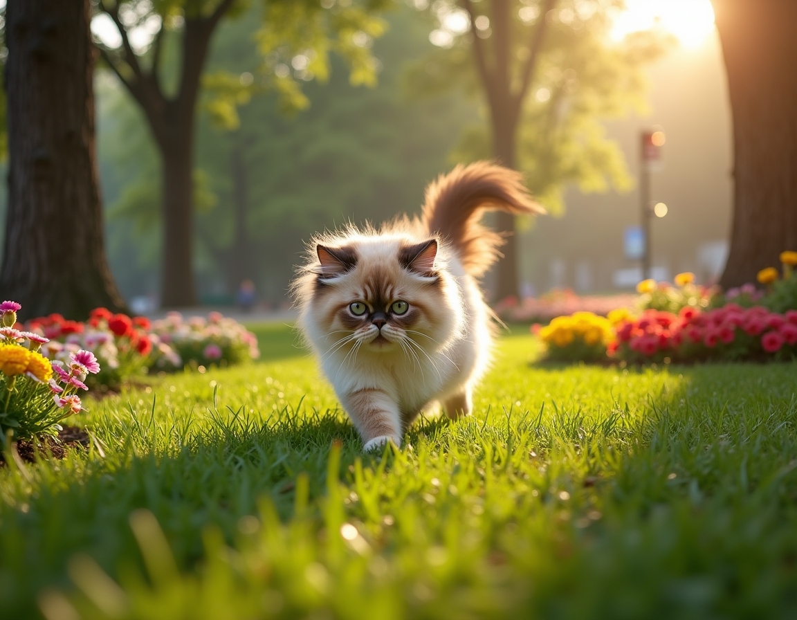 Cat enjoys a lively city park, playing and exploring the greenery amidst the urban backdrop.