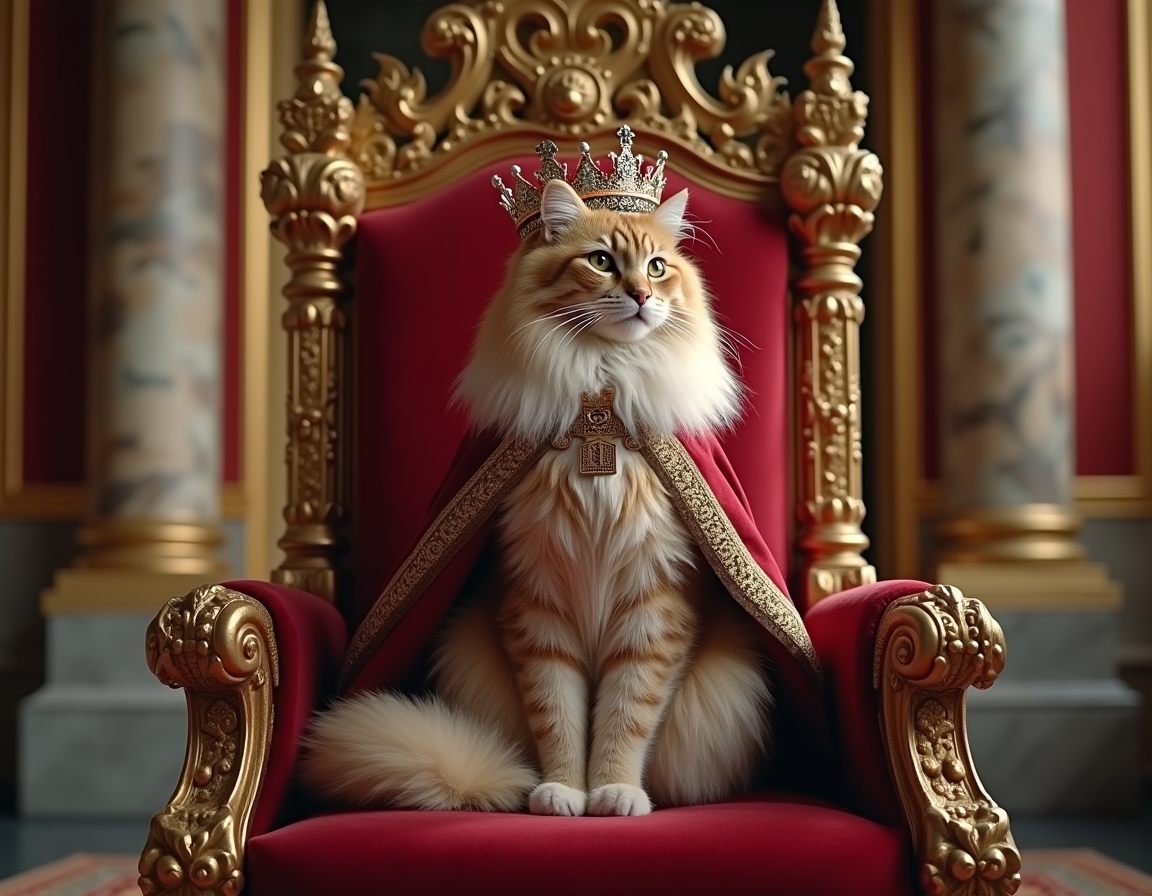 Cat poses regally on a golden throne inside a castle, wearing a crown and cape. Ornate royal decorations surround the scene.
