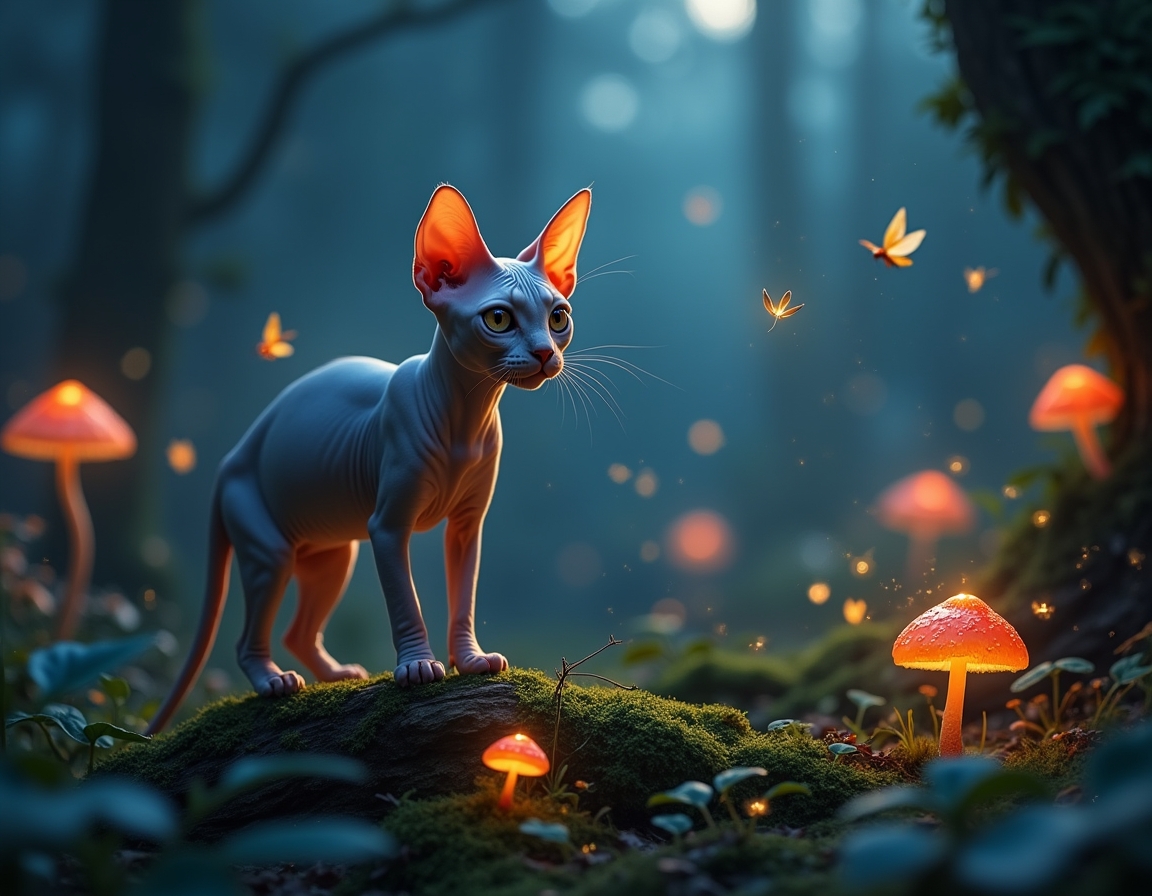 Cat explores a twilight forest alive with bioluminescent mushrooms, sparkling fireflies, and fluttering fairies. The scene captures a sense of enchantment and mystery under the soft glow of moonlight.