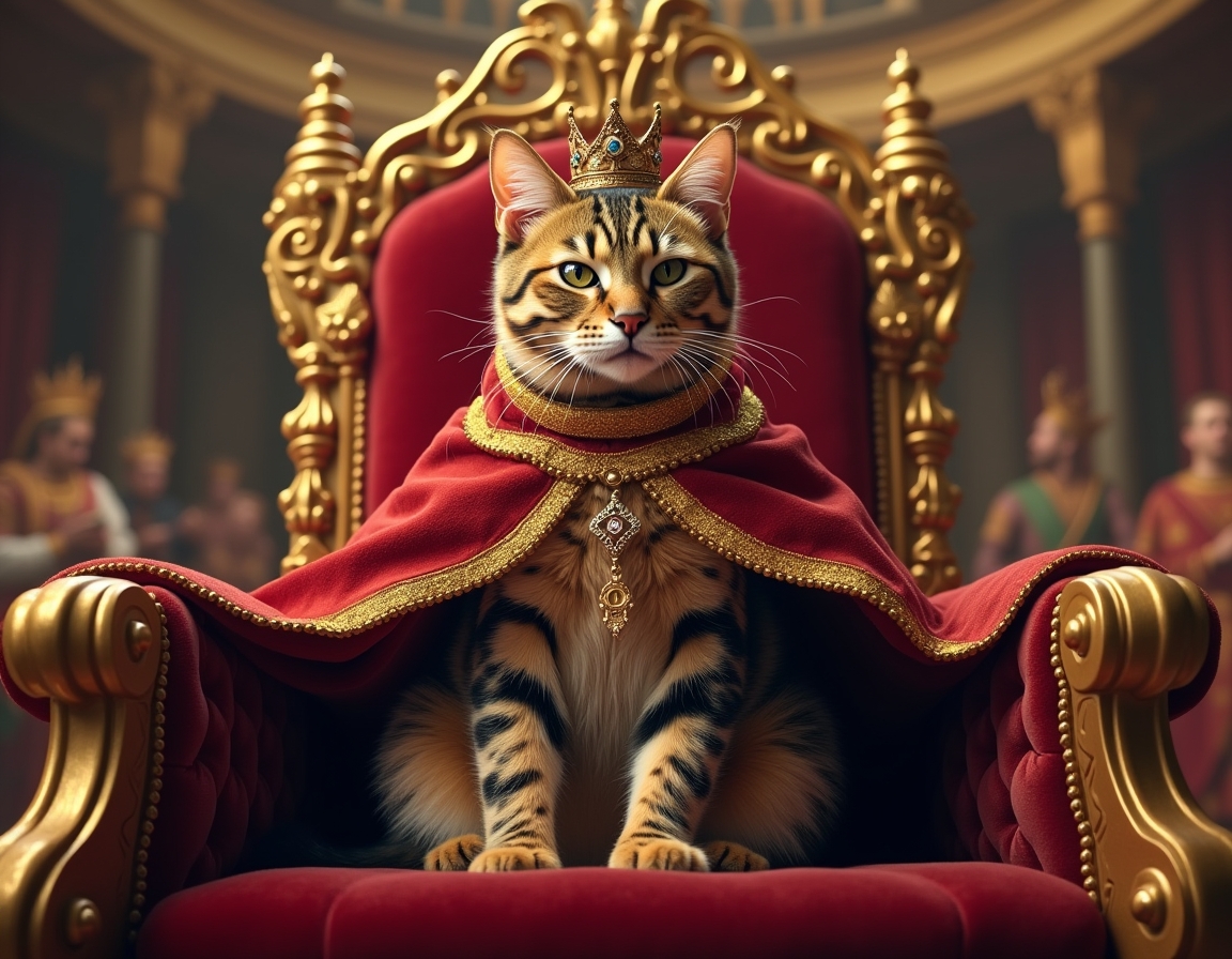Cat poses regally on a golden throne inside a castle, wearing a crown and cape. Ornate royal decorations surround the scene.
