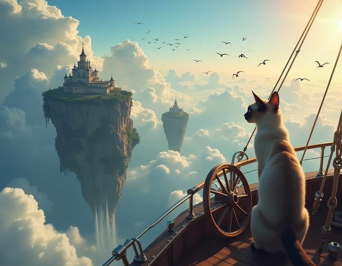 Cat captains a floating pirate ship that navigates between massive cloud-islands. Waterfalls spill over island edges, and mysterious winged creatures soar among the clouds, creating a thrilling, airborne fantasy voyage.