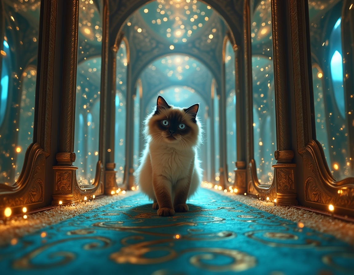 Cat navigates a maze where every surface is a magic-infused mirror, reflecting surreal visions and shifting illusions. Soft, colorful light accentuates each step, turning the labyrinth into a glittering puzzle filled with wonder and mystery.