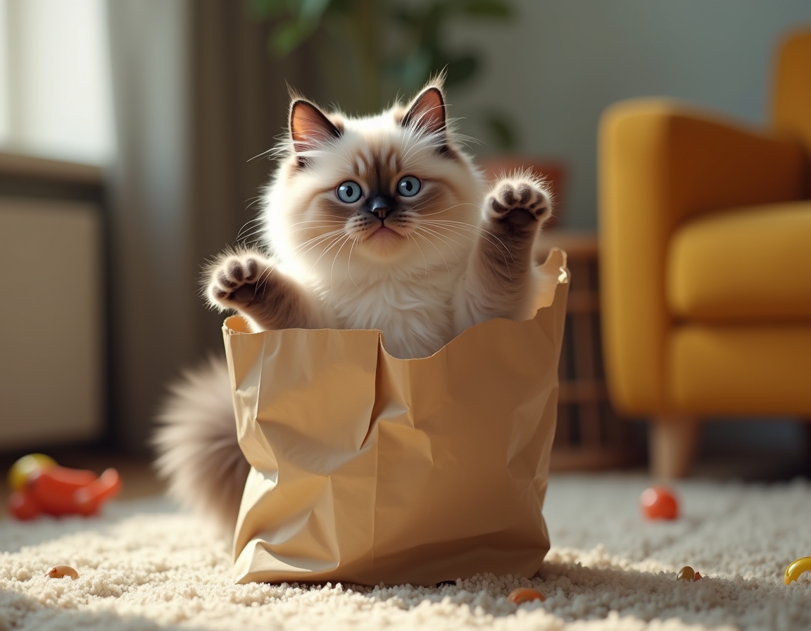 Cat hides partly inside a crumpled paper bag, with its paws playfully batting at the edges. The room features cozy decor with soft lighting and homey furniture.