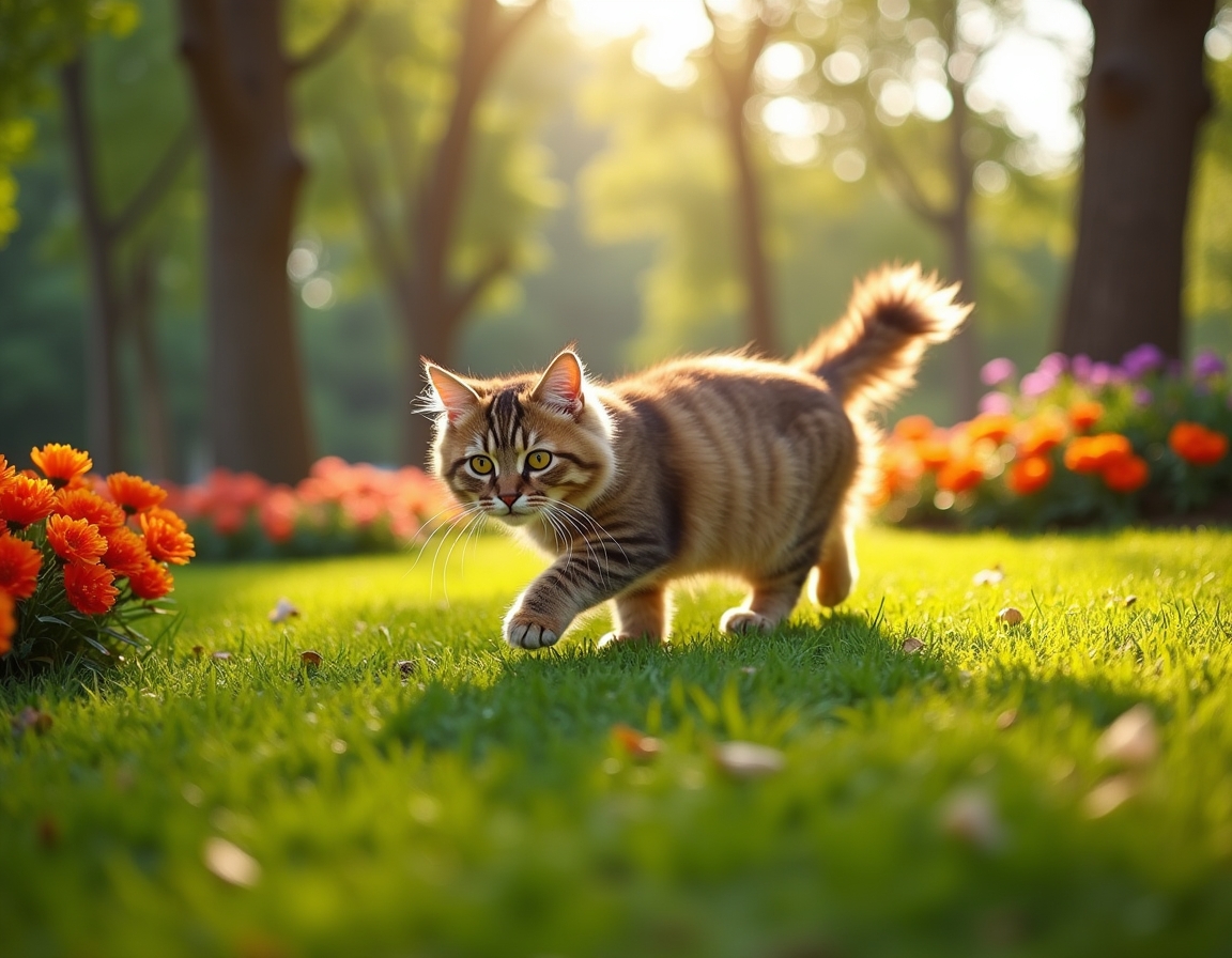 Cat enjoys a lively city park, playing and exploring the greenery amidst the urban backdrop.