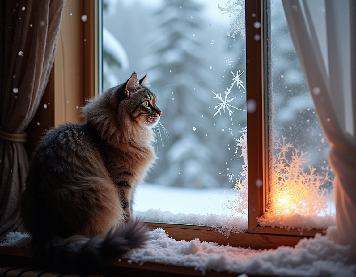 Cat looks out a frosted window at the snowy world outside, while the cozy warmth of the cabin and the glow of the fireplace create a peaceful, inviting atmosphere.