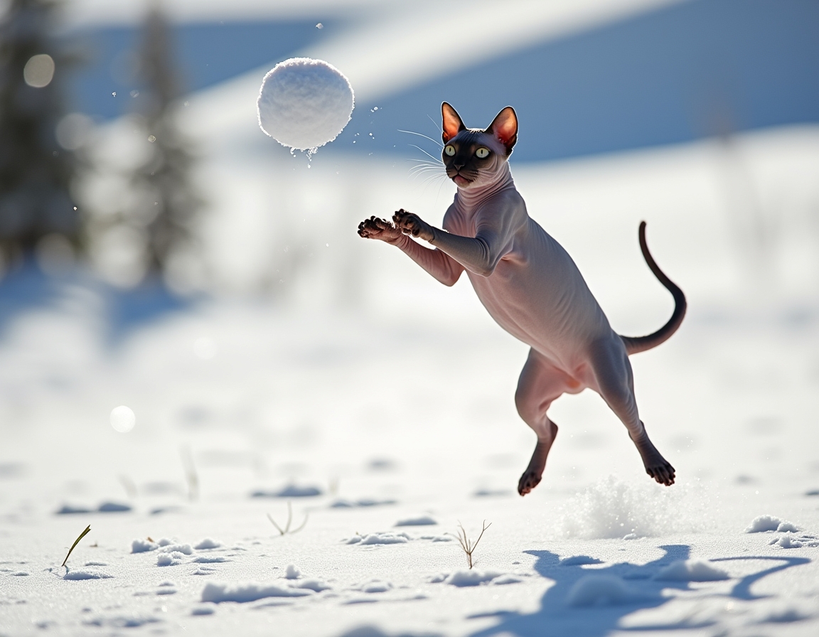 Cat leaps into the air, playfully trying to catch a snowball as it enjoys the winter wonderland with enthusiasm and excitement.