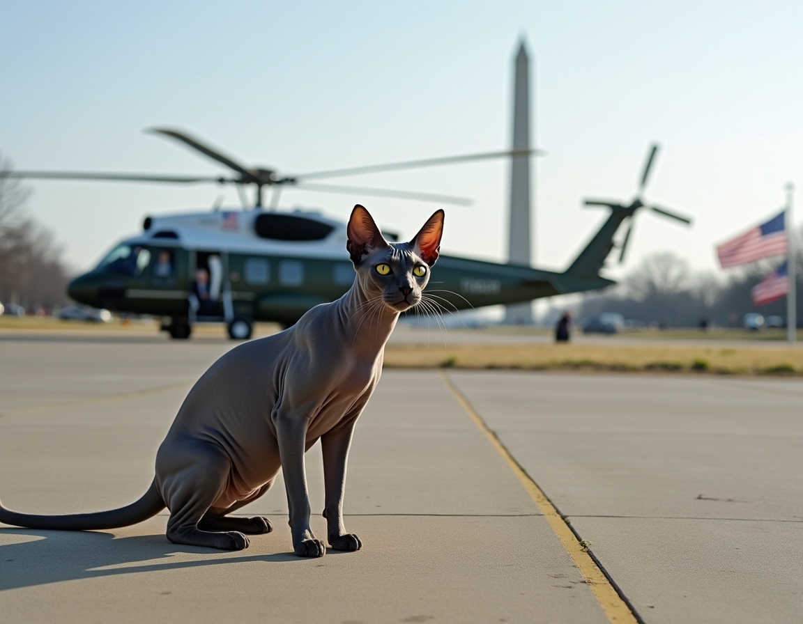 Cat braves the rotor wash beside Marine One, capturing a thrilling presidential travel send-off.