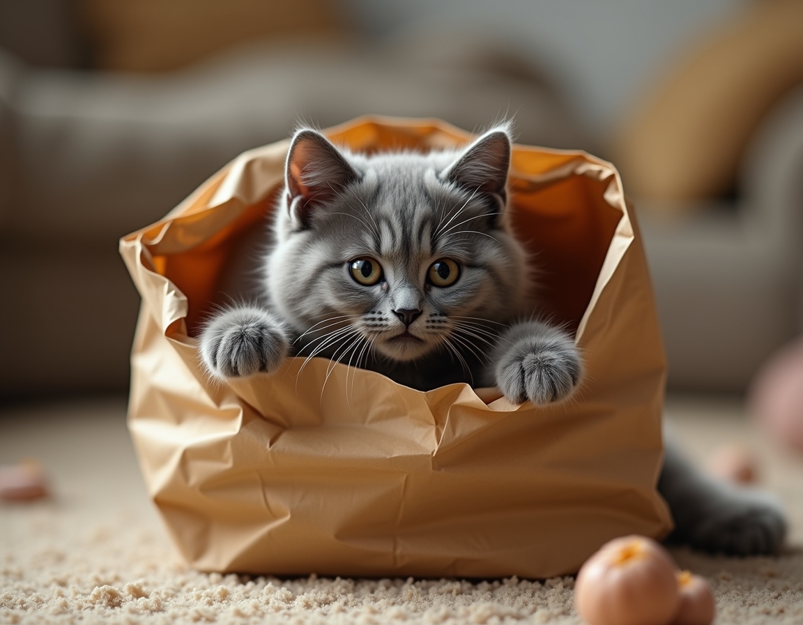 Cat hides partly inside a crumpled paper bag, with its paws playfully batting at the edges. The room features cozy decor with soft lighting and homey furniture.