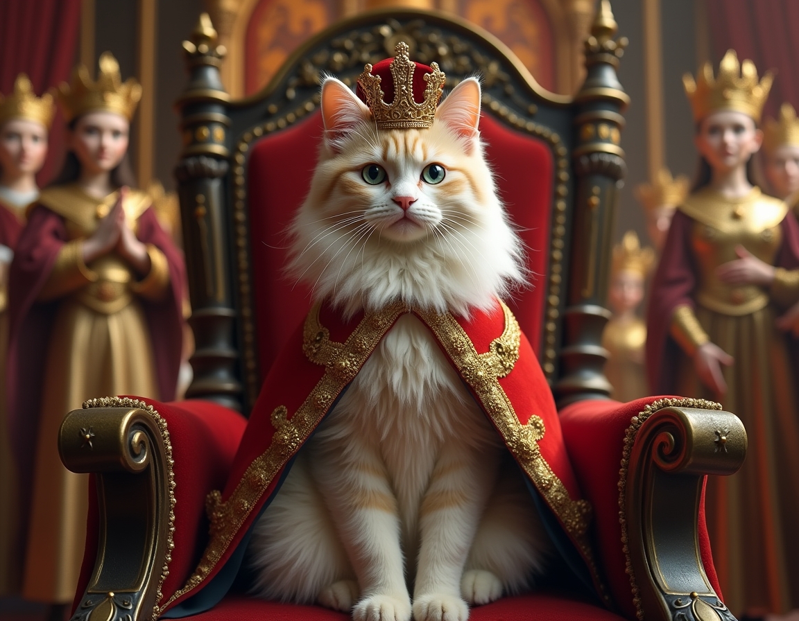 Cat poses regally on a golden throne inside a castle, wearing a crown and cape. Ornate royal decorations surround the scene.