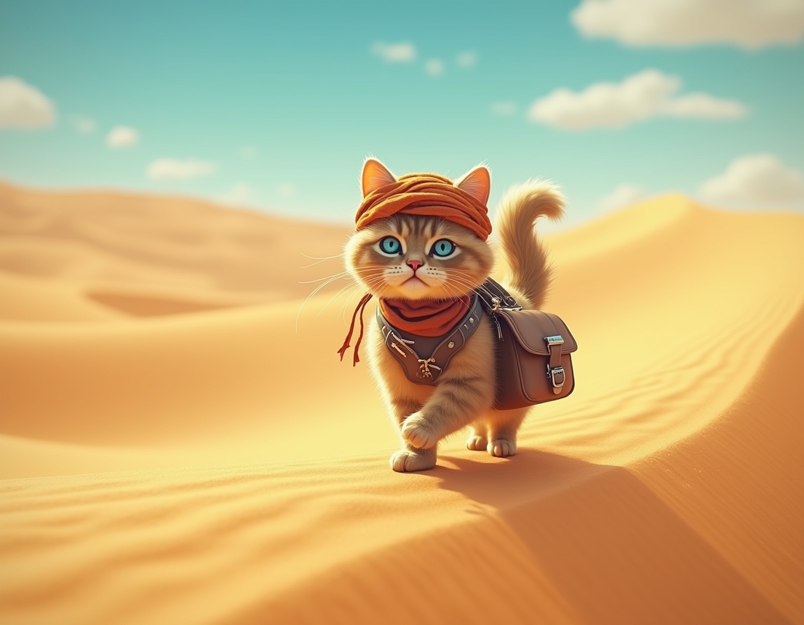 Cat crosses vast desert dunes, guided by the sun’s relentless heat and the promise of hidden oases. The scene is filled with swirling sand, vibrant skies, and an air of adventurous determination.