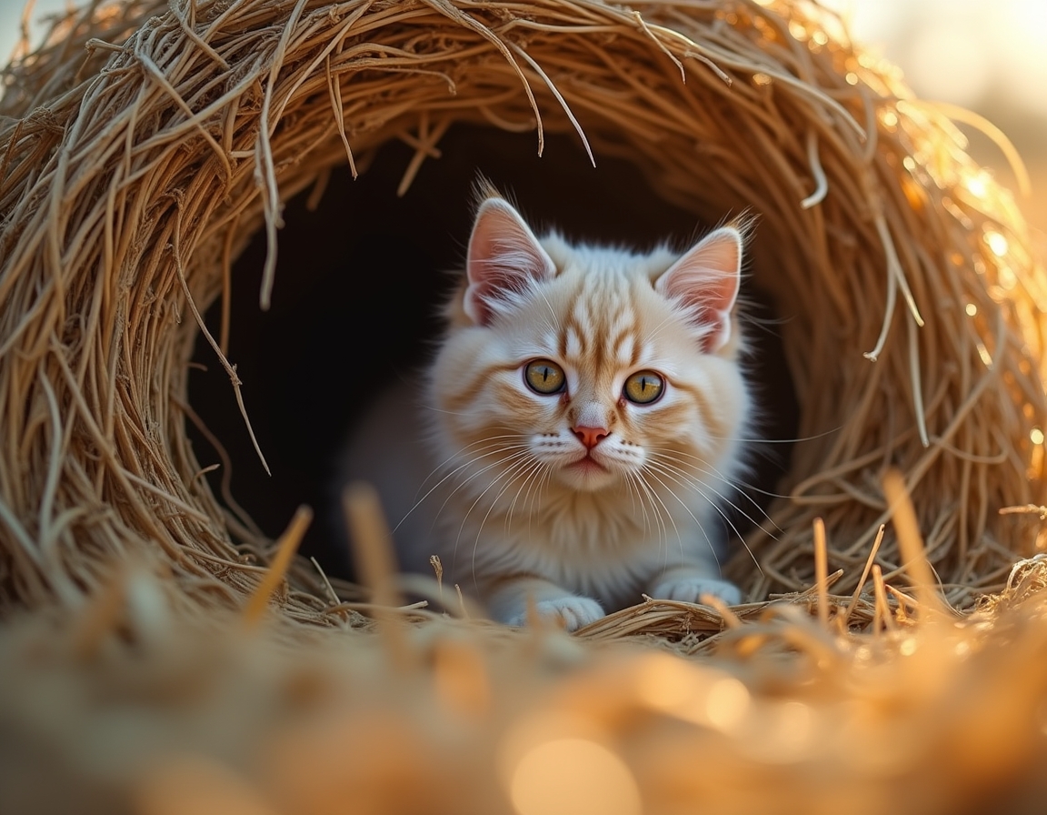 Cat finds a cozy nook within a haystack, soaking in the warmth and calm of the farm.