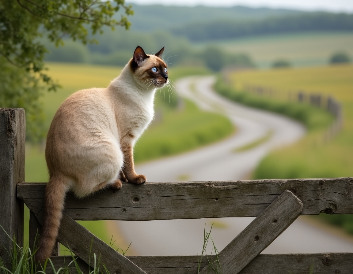 Cat gazes at the quiet beauty of a country road, framed by a weathered wooden gate.