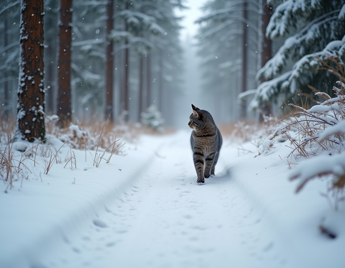 Cat walks along a snowy winter trail, leaving footprints in the fresh snow while surrounded by peaceful pine trees and gently falling snowflakes.