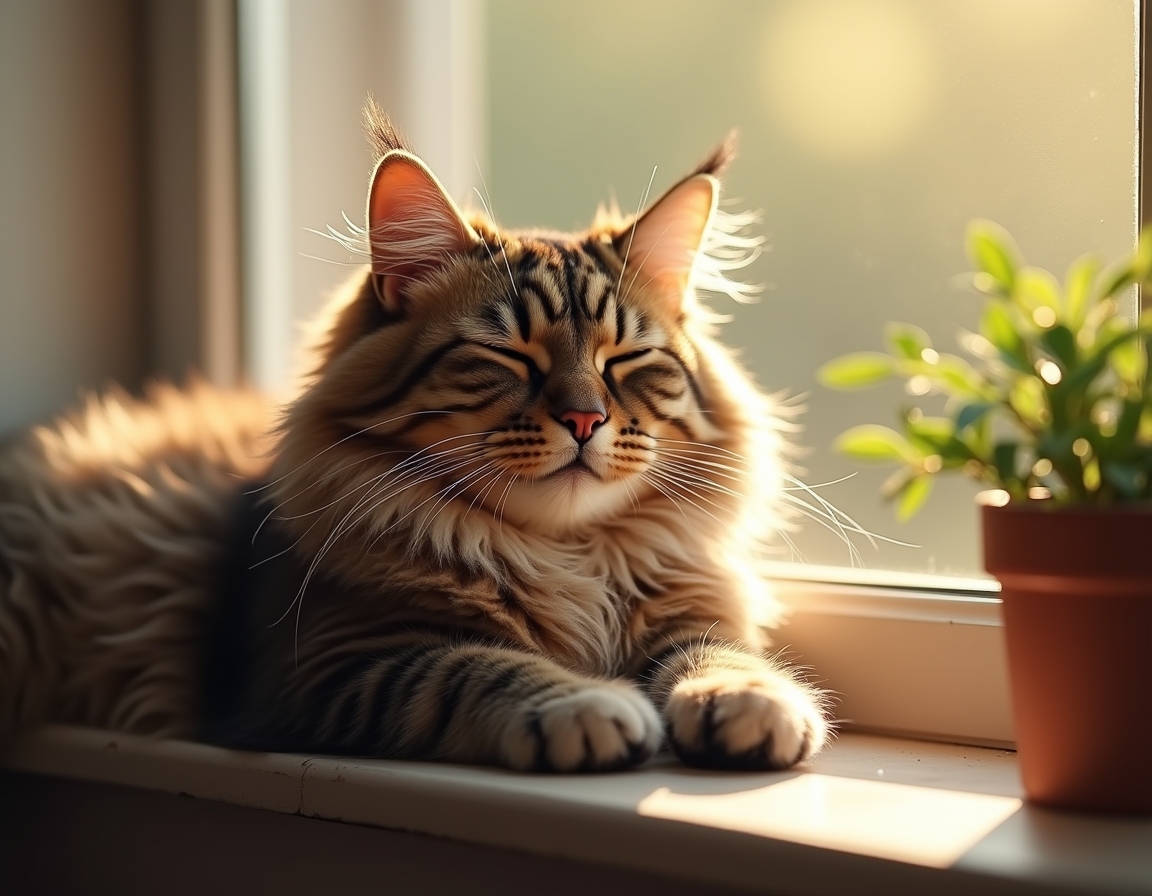 Relaxed cat lies on a sunlit windowsill, its fur glowing in the soft afternoon light. A small potted plant sits nearby, and the blurred background reveals trees outside.
