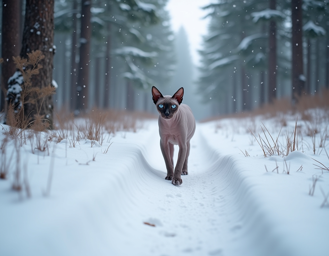 Cat walks along a snowy winter trail, leaving footprints in the fresh snow while surrounded by peaceful pine trees and gently falling snowflakes.