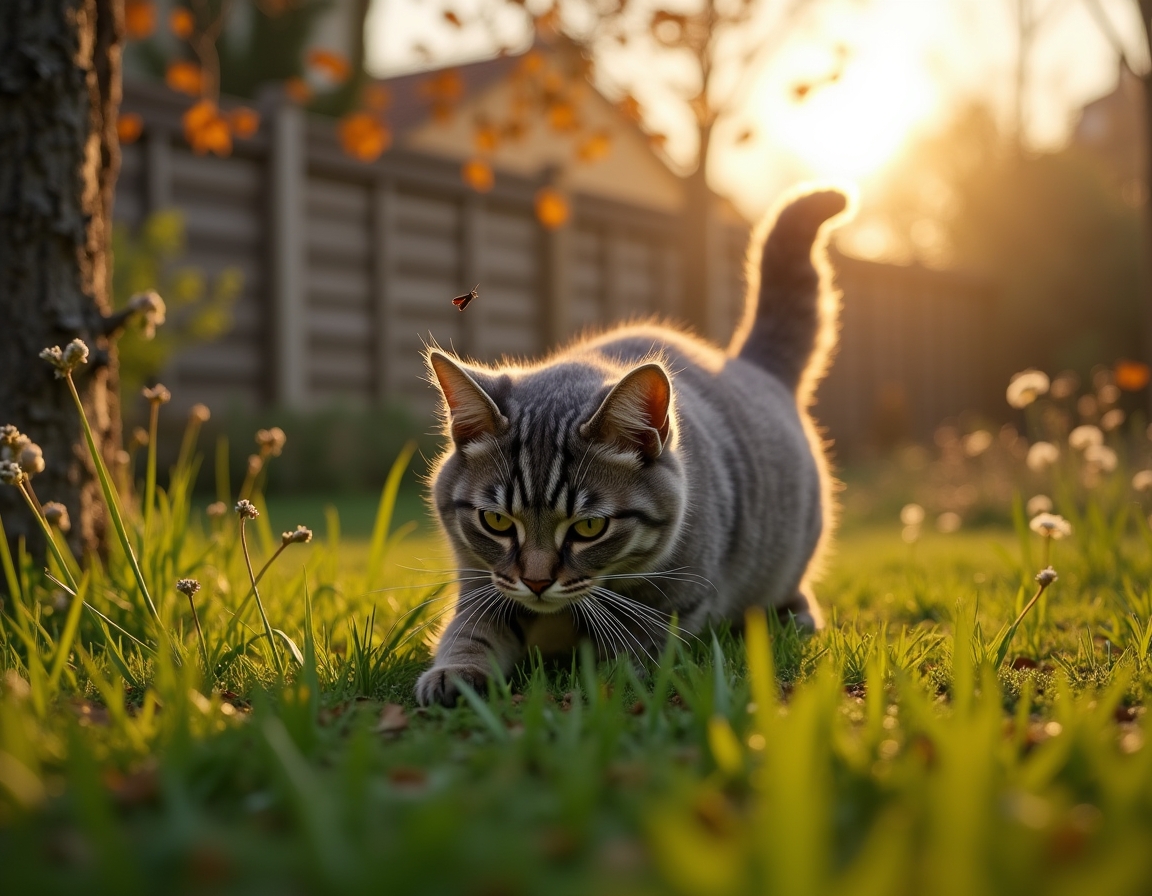 Cat crouches in tall grass, its sharp gaze fixed on a small insect nearby. The warm golden light of sunset and a wooden garden fence frame the scene.