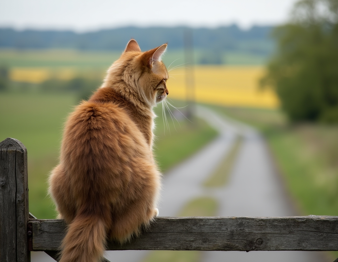 Cat gazes at the quiet beauty of a country road, framed by a weathered wooden gate.