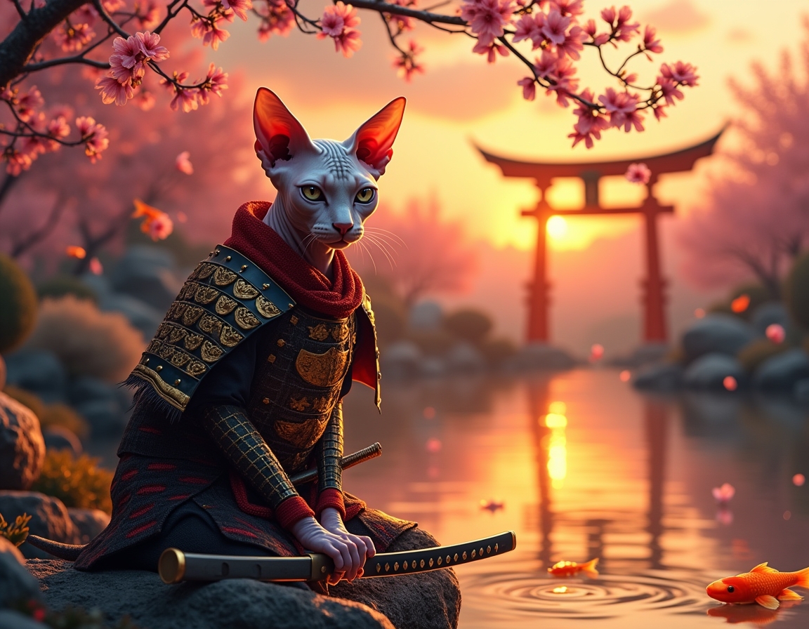 Cat dressed in ornate samurai armor sits in a serene Japanese garden at sunset. Cherry blossoms fall gently, and a koi pond reflects the golden light of the sky.