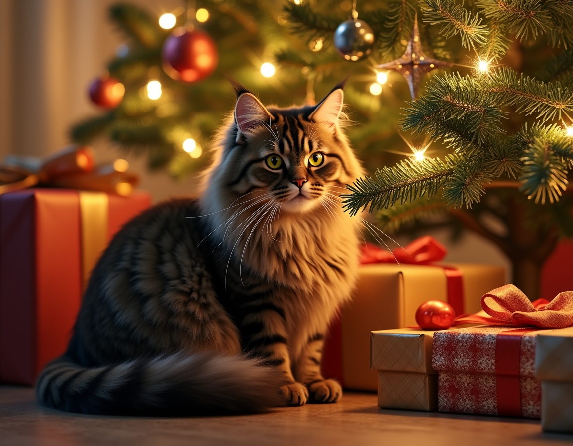 Cat sitting under a beautifully decorated Christmas tree, surrounded by twinkling lights, ornaments, and wrapped presents, with a warm, cozy glow.