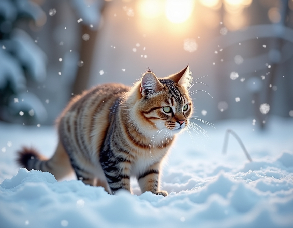 Cat explores a tranquil snowy landscape, its fur dusted with snowflakes as it observes the serene winter forest, bathed in the soft glow of the setting sun.

