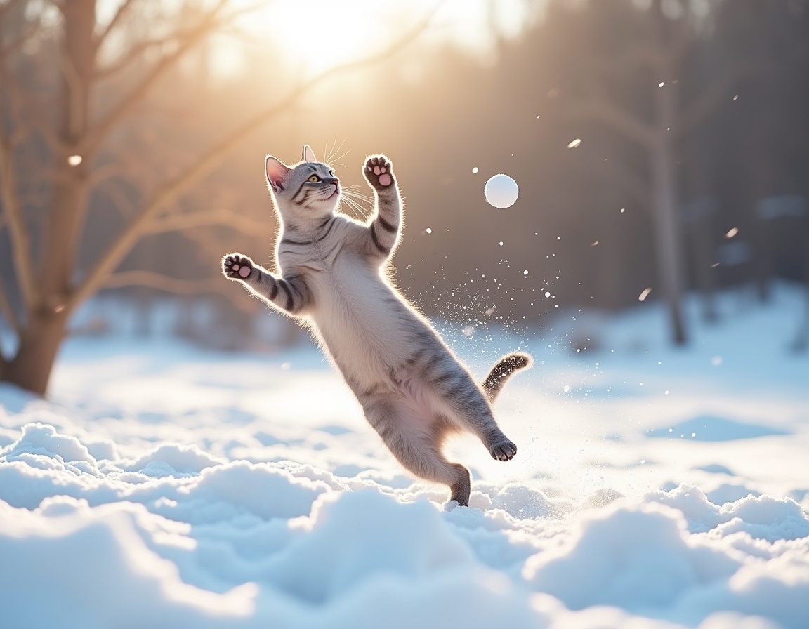 Cat leaps into the air, playfully trying to catch a snowball as it enjoys the winter wonderland with enthusiasm and excitement.