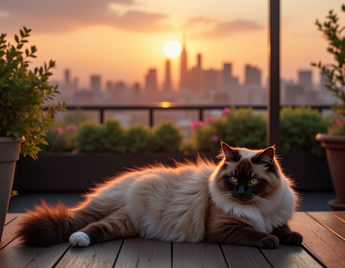 Cat relaxes on a rooftop terrace, enjoying the serenity above the urban buzz.