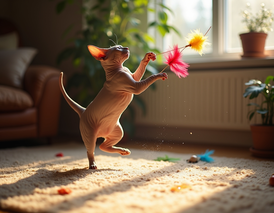 Cat leaps into the air, its paws reaching for a multicolored feather toy that flutters enticingly, bathed in golden sunlight in a cozy room.