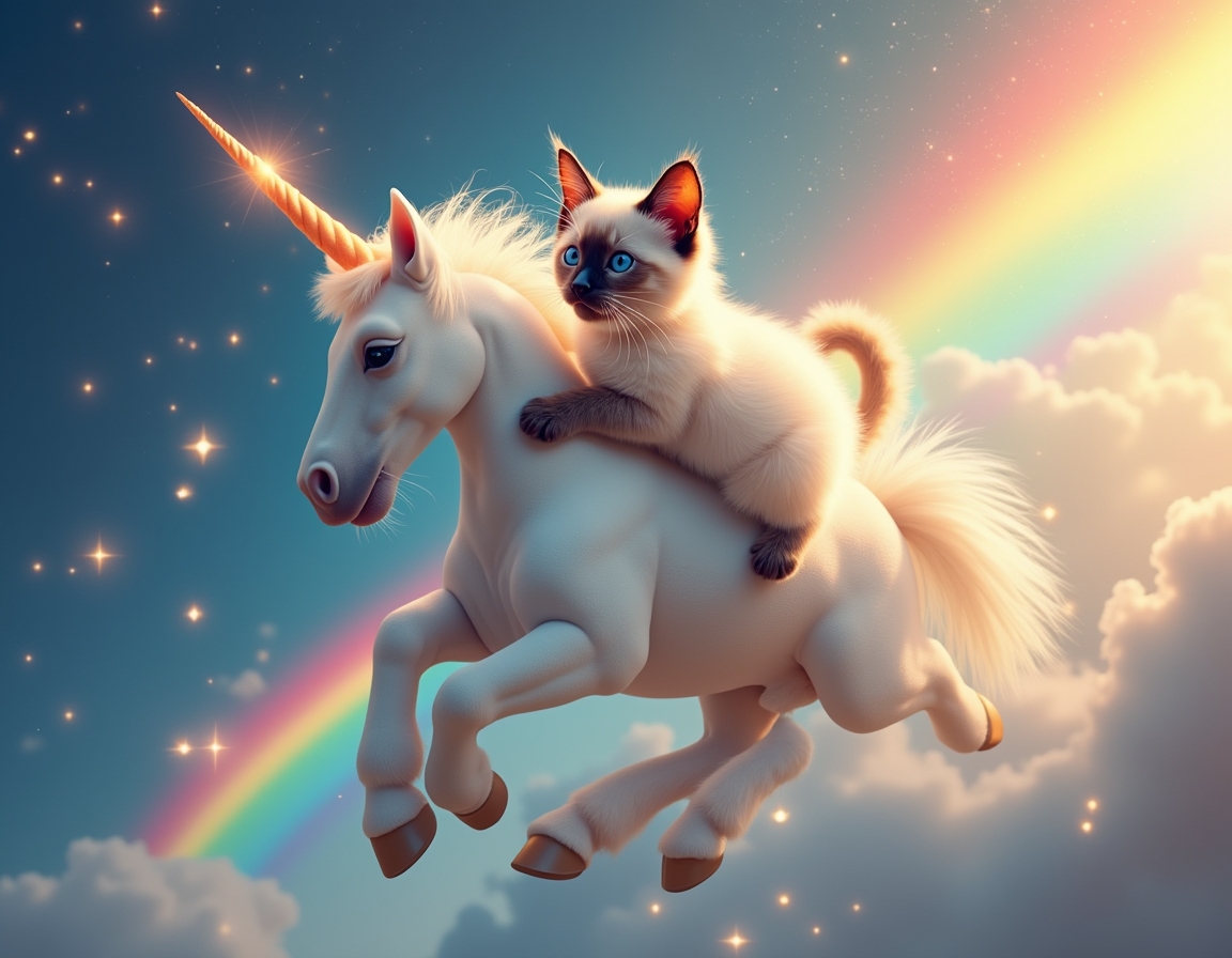 Cat rides a magical unicorn galloping across a rainbow, surrounded by glittering stars and fluffy clouds. The unicorn’s glowing horn creates a dreamy atmosphere.
