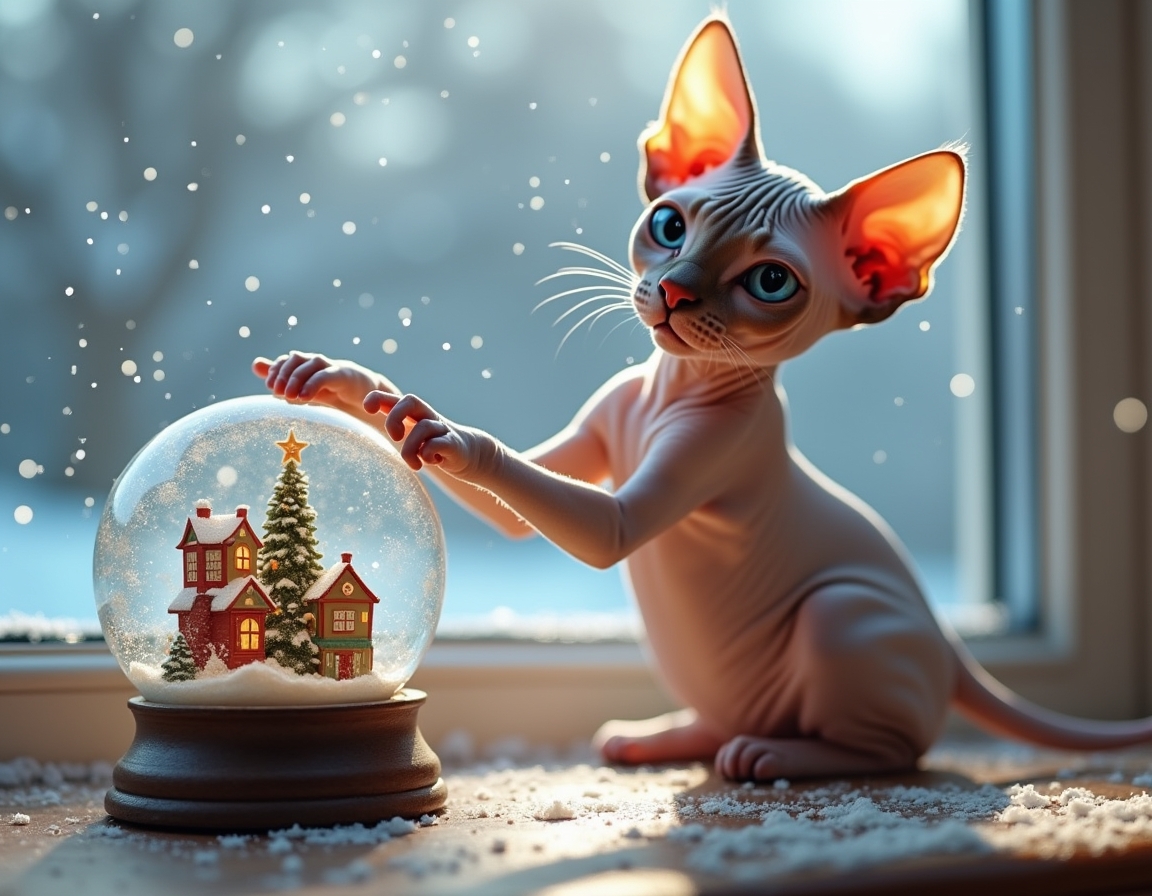 Playful cat bats at a snow globe on a table, mesmerized by the swirling snowflakes inside. The globe features a miniature Christmas village, while a snowy landscape is visible through the window in the background, enhancing the festive atmosphere.