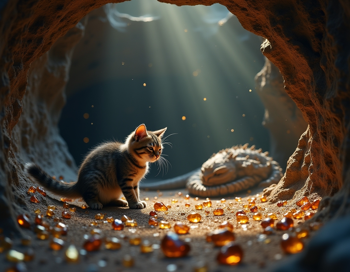 Cat explores a hidden cavern where a dragon slumbers among piles of glittering gems. Subtle beams of light illuminate the cat’s cautious journey through this fantastical realm.