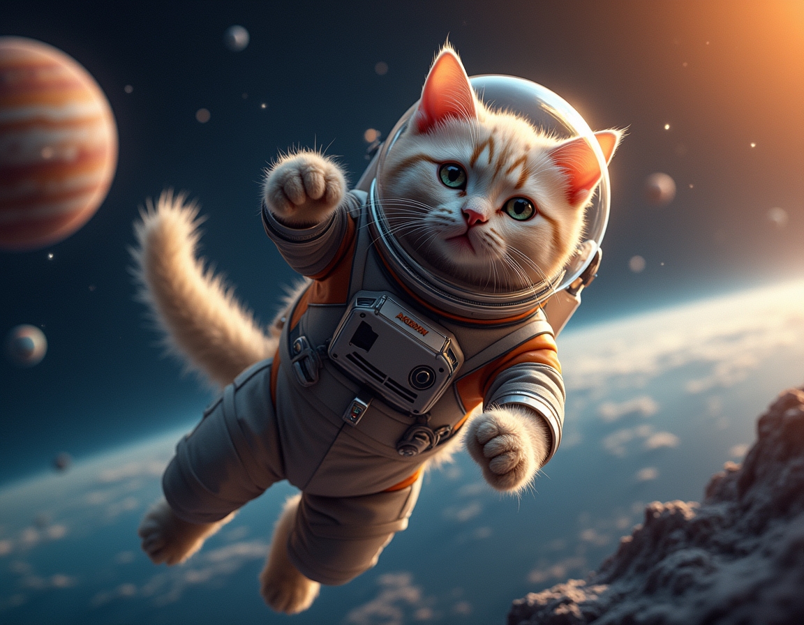 Cat floats weightlessly in space, wearing a high-tech spacesuit. Vibrant planets, shining stars, and distant nebulae create a stunning cosmic backdrop.