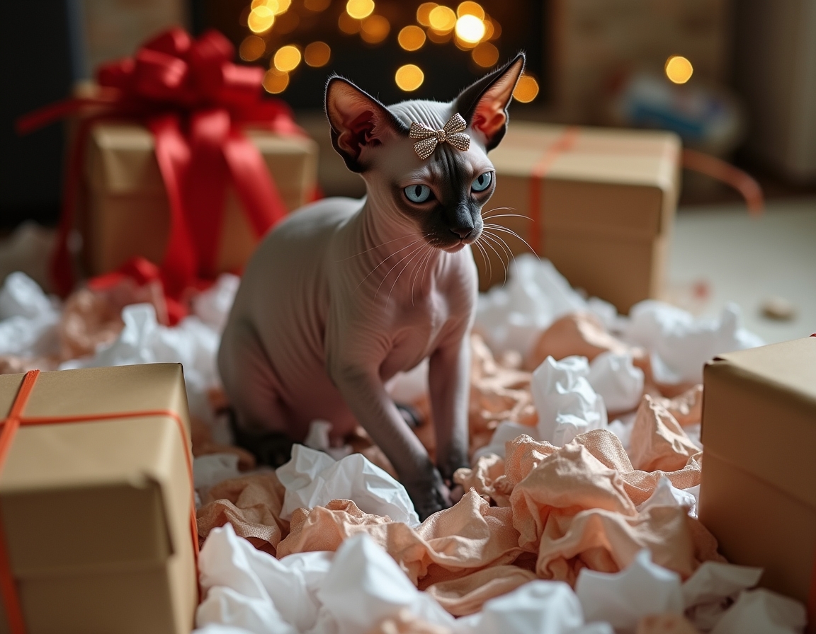 Playful cat surrounded by crumpled wrapping paper, ribbons, and empty boxes, with a shiny bow on its head. Christmas decorations and half-wrapped presents complete the festive scene.