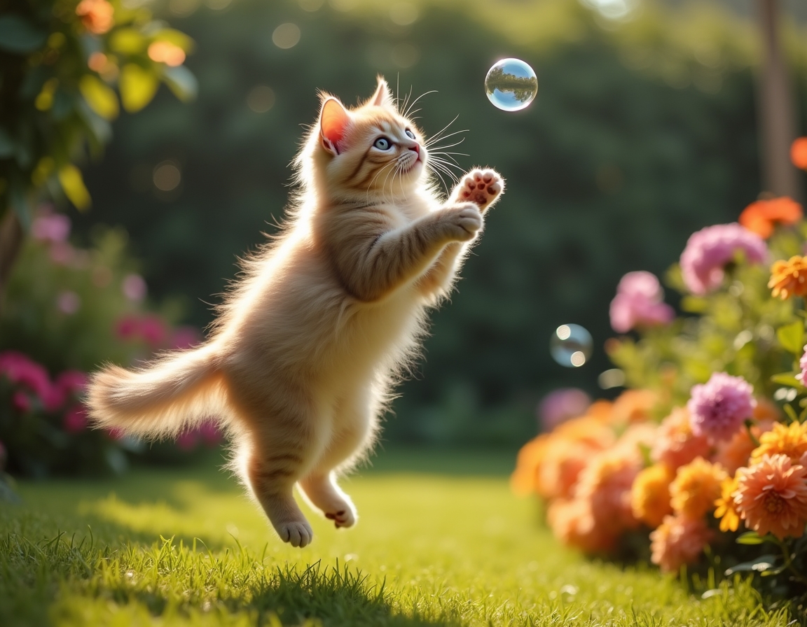 Cat leaps gracefully at a floating bubble, surrounded by a vibrant garden filled with flowers and greenery.
