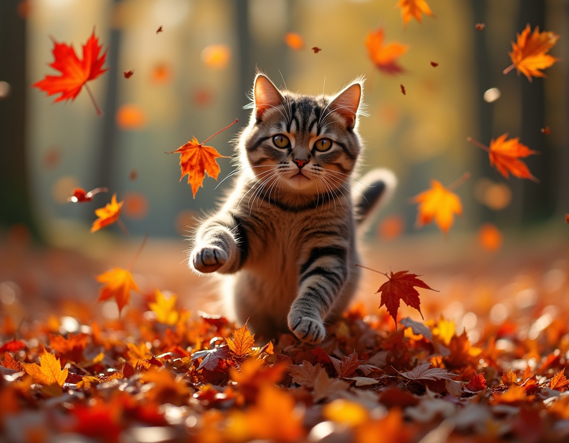 Cat jumps joyfully into a pile of autumn leaves, scattering vibrant colors and radiating playful energy.