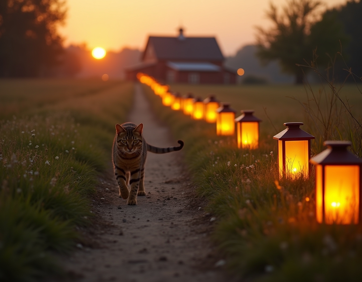 Cat enjoys a quiet walk along a farm path, illuminated by the soft glow of evening lanterns.