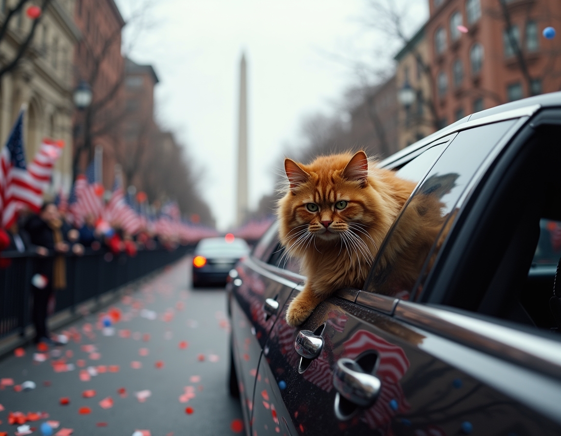 Cat in a celebratory motorcade, enjoying the confetti and cheering crowds during the inauguration parade.