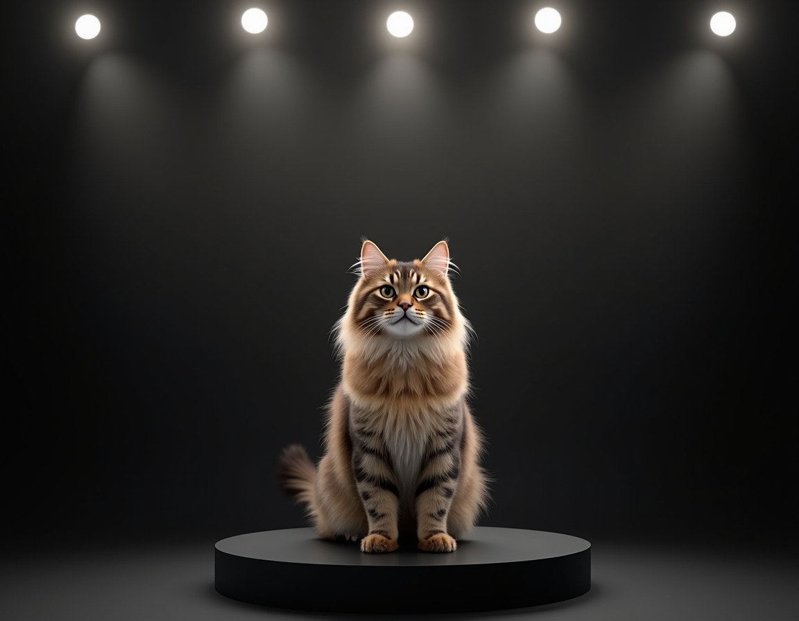 Photorealistic studio portrait of cat sitting elegantly on a black podium under a bright spotlight.