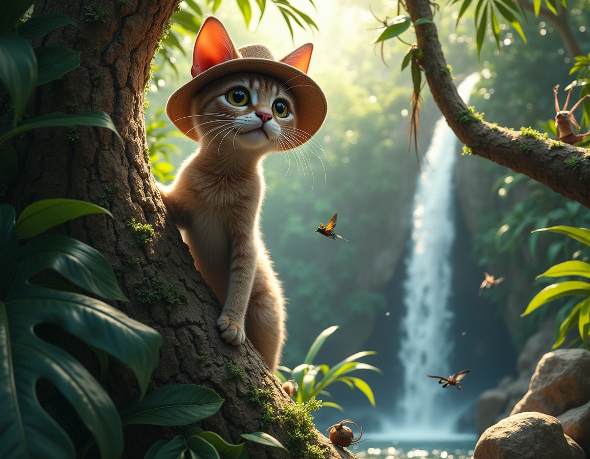 Cat wearing an explorer’s hat climbs a tree in a lush jungle. Waterfalls and dense greenery surround the scene, with sunlight filtering through the canopy.