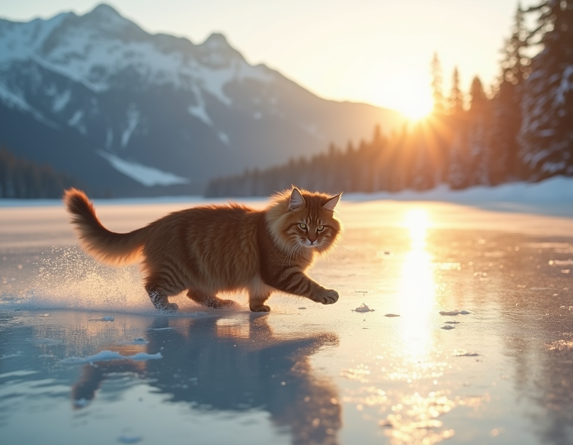 Cat enjoys a playful glide across a frozen lake, surrounded by snow-covered trees and distant mountains, with the soft glow of the setting sun reflecting off the ice.

