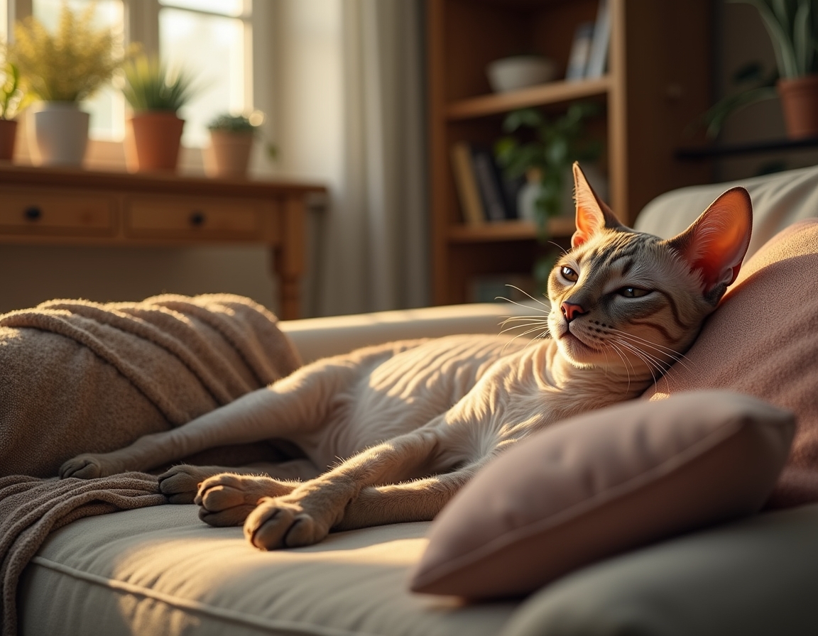 Cat sprawls lazily on a cozy couch, surrounded by decorative pillows and a draped blanket. Soft natural light from a window illuminates its fur, creating a calm, homely atmosphere.