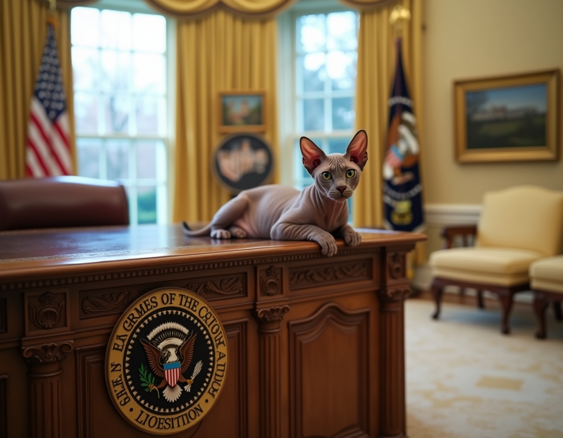 Cat perched on the Resolute Desk in the Oval Office, basking in the dignified atmosphere of the new administration.