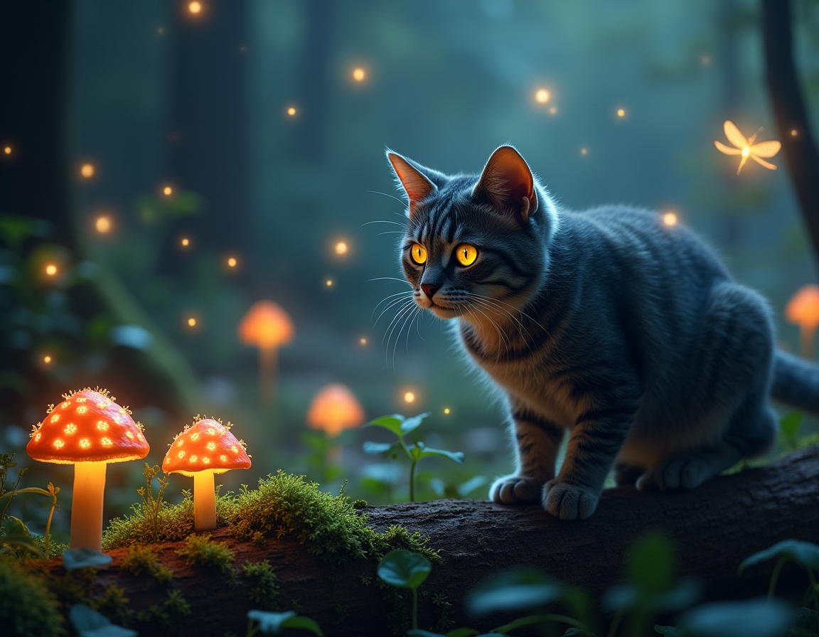 Cat explores a twilight forest alive with bioluminescent mushrooms, sparkling fireflies, and fluttering fairies. The scene captures a sense of enchantment and mystery under the soft glow of moonlight.