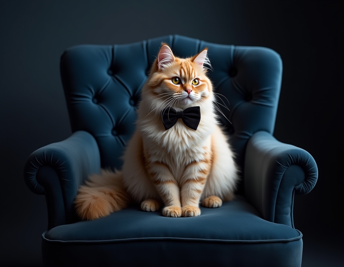 Photorealistic image of cat posed on a luxurious velvet chair in a studio. The backdrop is a deep navy blue with soft spotlighting that highlights the cat's fur and a sleek black bowtie, giving the scene a sophisticated, formal atmosphere.