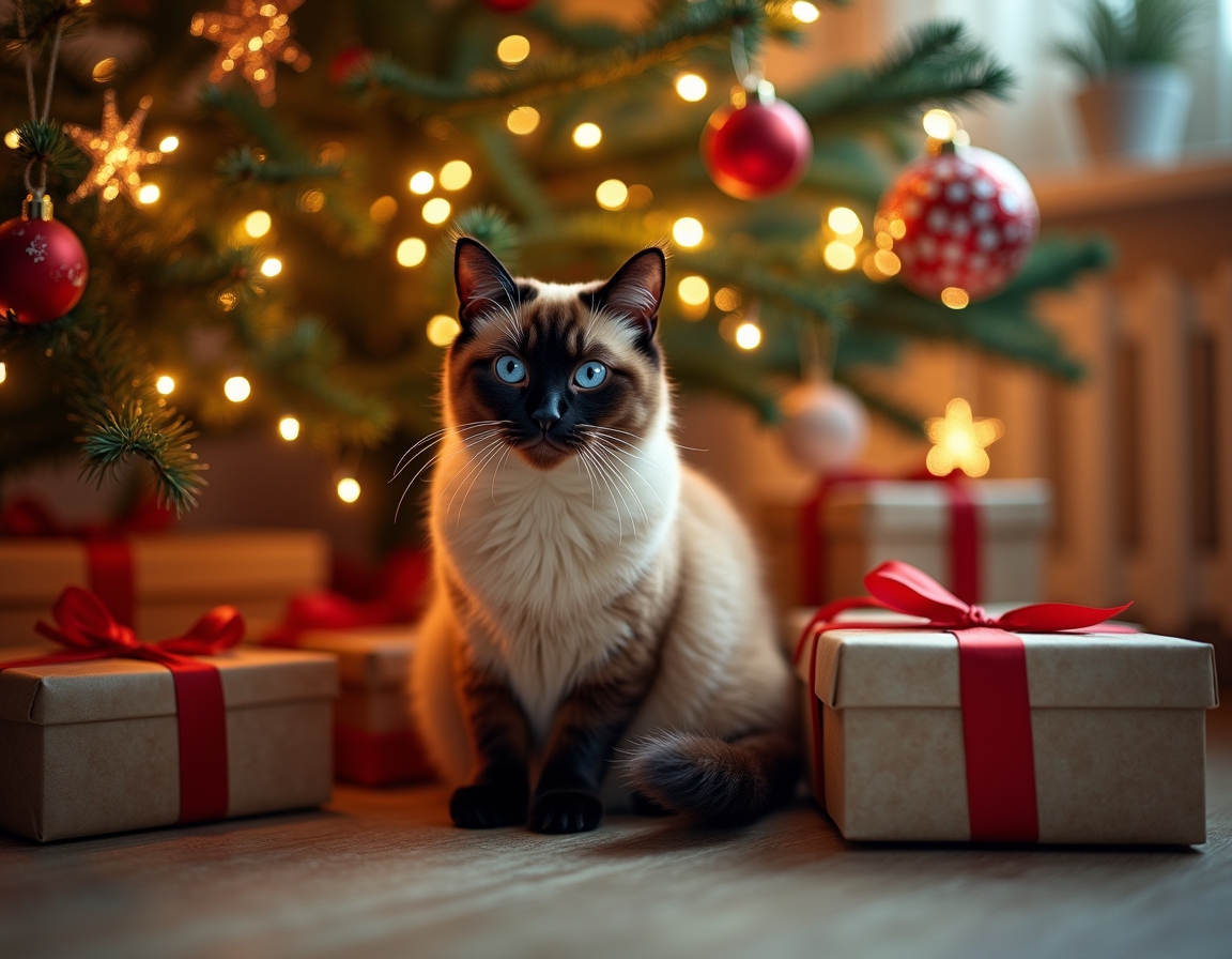Cat sitting under a beautifully decorated Christmas tree, surrounded by twinkling lights, ornaments, and wrapped presents, with a warm, cozy glow.