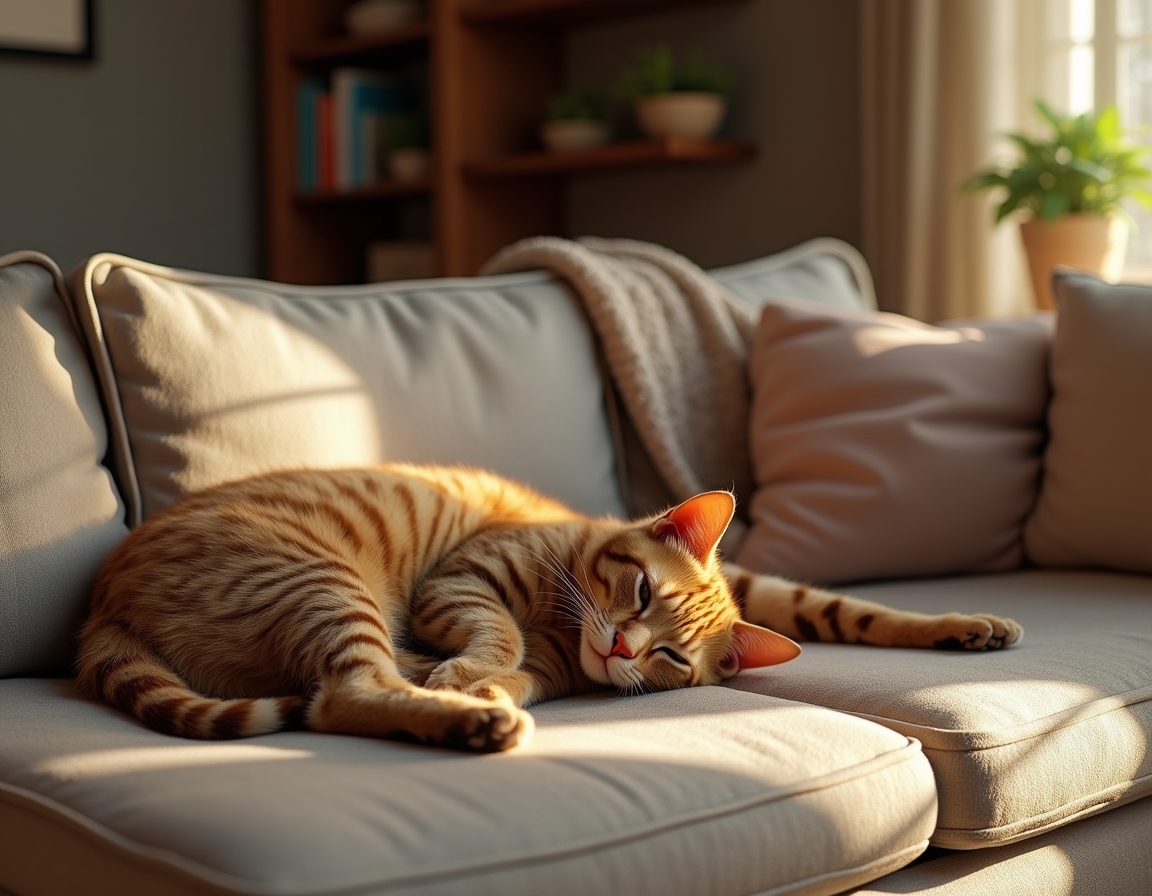 Cat sprawls lazily on a cozy couch, surrounded by decorative pillows and a draped blanket. Soft natural light from a window illuminates its fur, creating a calm, homely atmosphere.