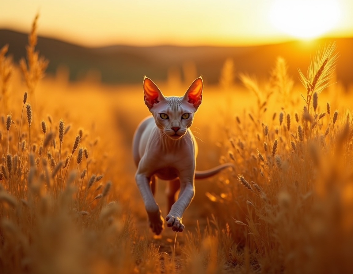 Cat sprints joyfully through a golden field, surrounded by waving wheat and warm light.