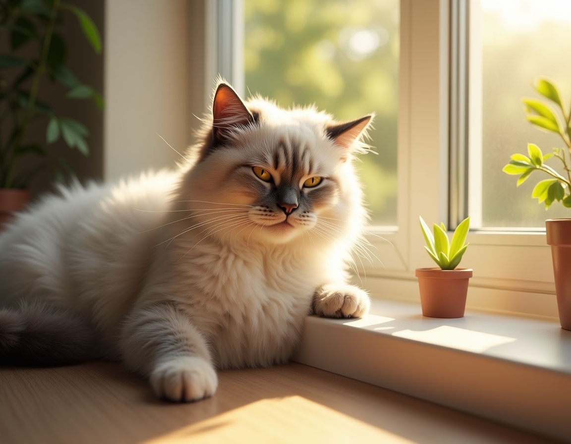 Relaxed cat lies on a sunlit windowsill, its fur glowing in the soft afternoon light. A small potted plant sits nearby, and the blurred background reveals trees outside.